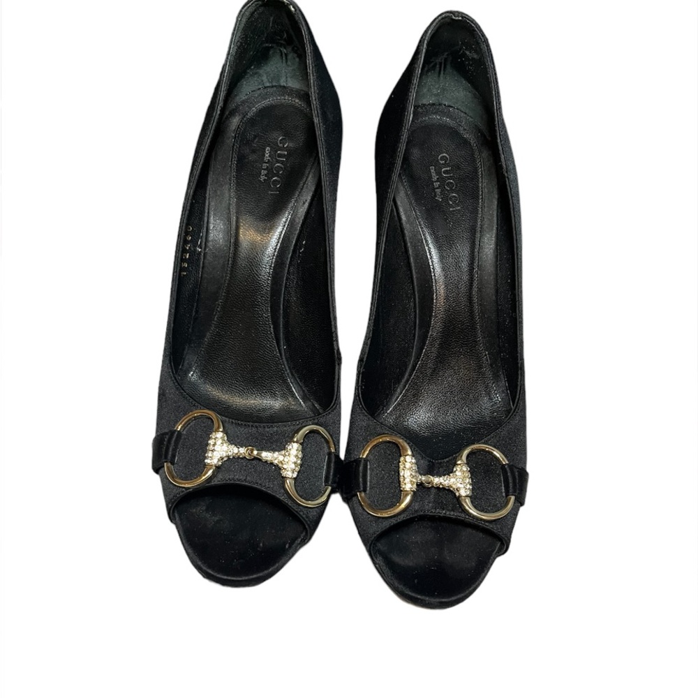 Gucci black satin, crystal horsebit peep toe pumps.